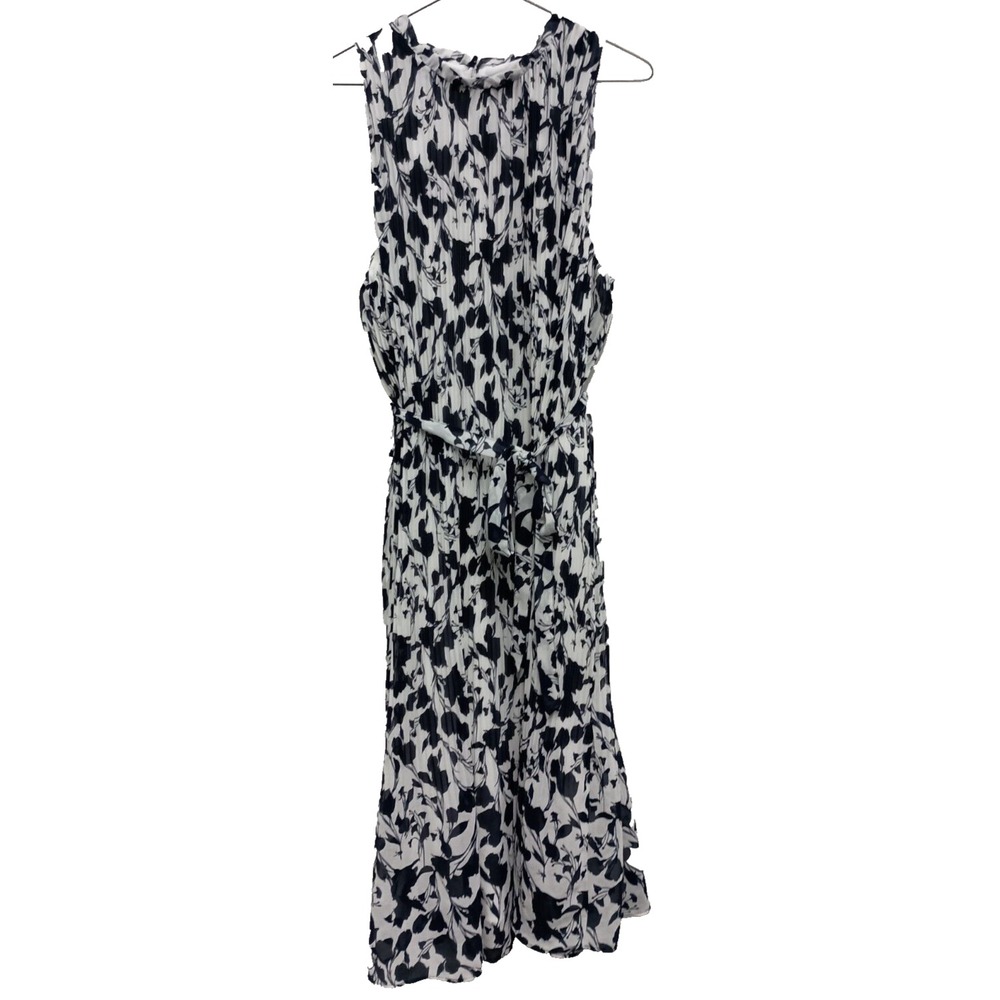 A New Day Midi Dress Womens XL Black White Floral Chiffon Pleated Sleeveless
